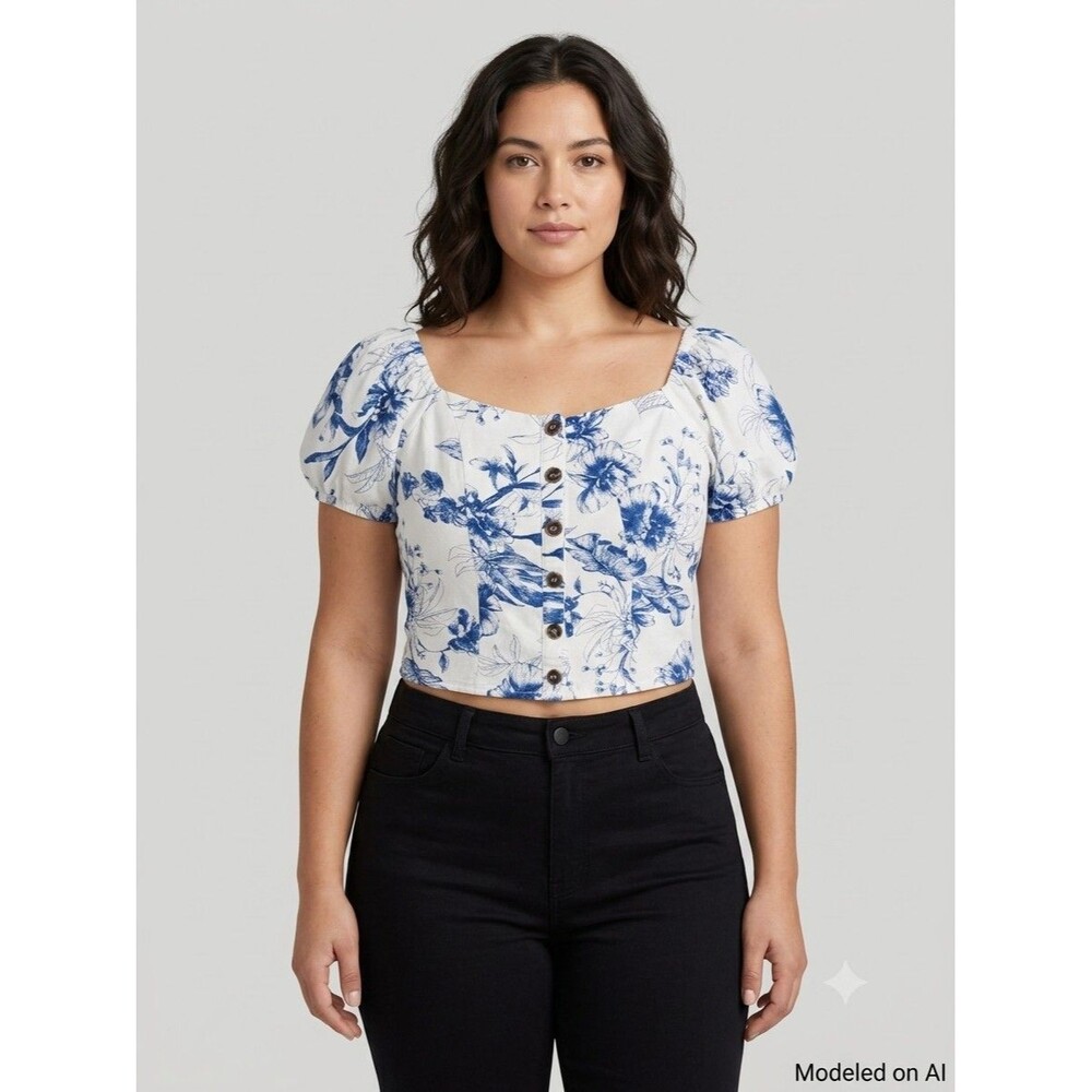 Women's Puff Sleeve Smocked Floral Cottagecore Button Front Woven Crop Top M